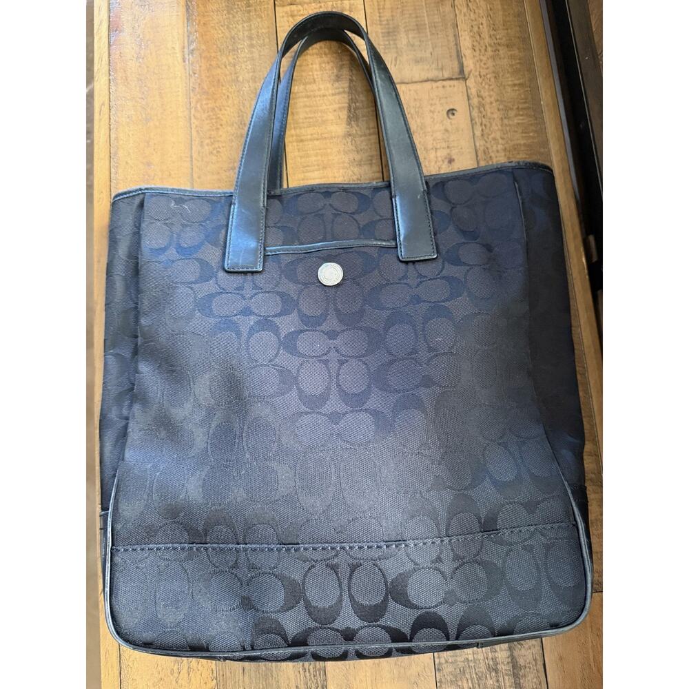 Coach Tote Bag Womens Medium Black Signature Jacquard Leather Trim Avery Logo